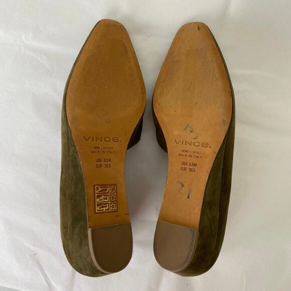 Vince Barolo Suede Wedge Heel Size 6.5 Olive Green Square Toe Casual D'Orsay - Picture 11 of 13